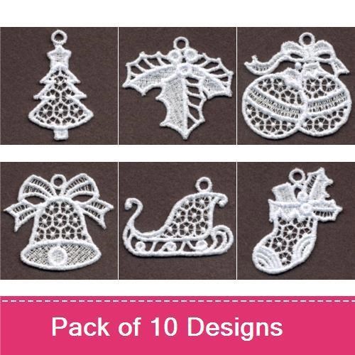 FSL Christmas Lace Ornament Embroidery Designs Bundle – Christmas Tree, Holly, Bells & More (10 Designs)
