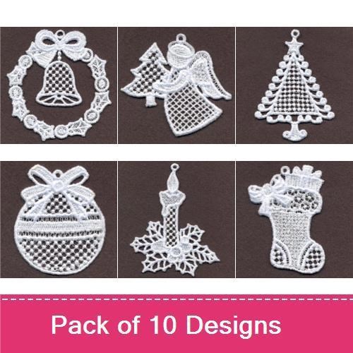 FSL Christmas Lace Embroidery Designs Bundle – Bell, Tree, Angel & More (10 Designs)