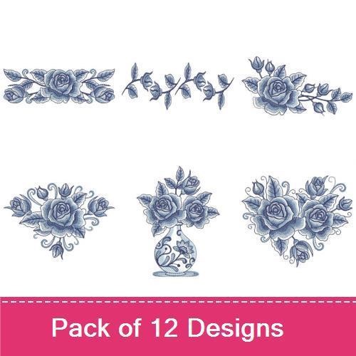 Blue Rose Embroidery Designs Bundle – Blue Rose, Rose with Leaves, Cluster of Blue Roses & More (12 Designs)
