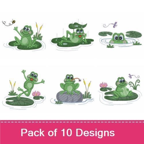 Frog Embroidery Designs Bundle – Jumping Frog, Frog on Lily Pad, Swimming Frog & More (10 Designs)