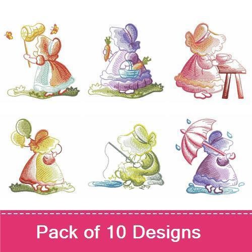 Sunbonnet Sue Activities Embroidery Designs Bundle – Gardening, Music, Flower & More (10 Designs)