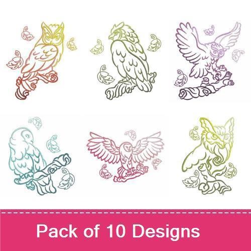 Redwork Owl Embroidery Designs Bundle – Owl in Flight, Owl with Leaves, Owl and Moon & More (10 Designs)
