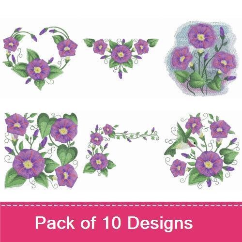 Morning Glory Floral Embroidery Designs Bundle – Hummingbird with Morning Glory, Morning Glory Bouquet, & More (10 Designs)