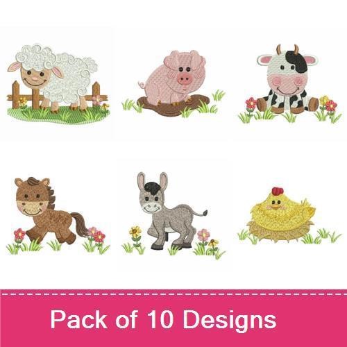 Farm Animal Embroidery Bundle – Cute Sheep, Pig, Cow & More (10 Designs)