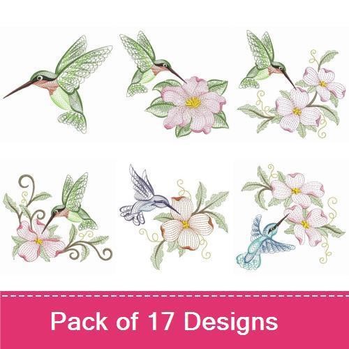 Rippled Hummingbirds Embroidery Bundle – Elegant Hummingbird, Blue Hummingbird, Hummingbird & Flower & More (17 Designs)