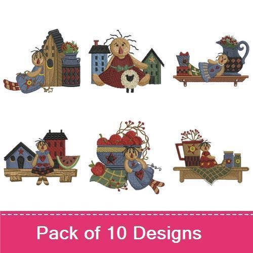 Country Charm Embroidery Designs Bundle – Raggedy Doll, Country House, Sheep & More (10 Designs)