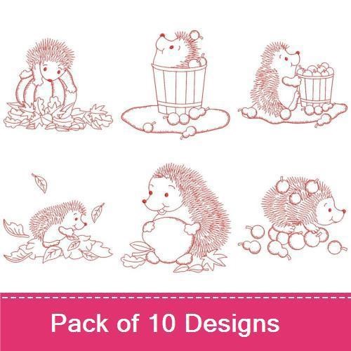 Redwork Hedgehogs in Autumn Embroidery Bundle – Hedgehog with Acorns, Hedgehog under Umbrella, & More (10 Designs)
