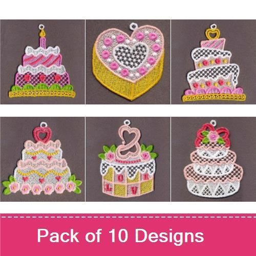 FSL Cake-Themed Embroidery Designs Bundle – Tiered Cake Ornament, Heart Cake, Birthday Cake with Candle & More (10 Designs)