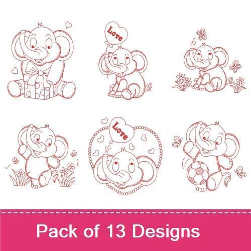 Redwork Cute Baby Elephants Embroidery Designs Bundle – Baby Elephant with Gift, Baby Elephant Holding Balloon & More (13 Designs)