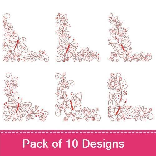 Redwork Butterfly Floral Embroidery Designs Bundle – Butterfly with Flowers Corner, Floral Corner Accent & More (10 Designs)