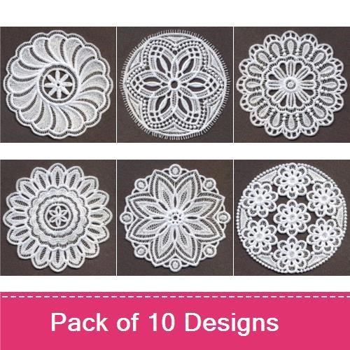 FSL Elegant Lace Motifs Embroidery Designs Bundle – Round, Star, Floral, & More (10 Designs)
