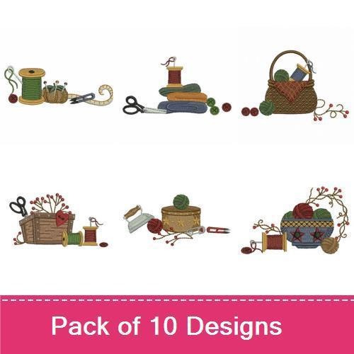 Sewing & Knitting Embroidery Designs Bundle – Vintage Sewing Machine, Knitting Basket, Spools of Thread & More (10 Designs)
