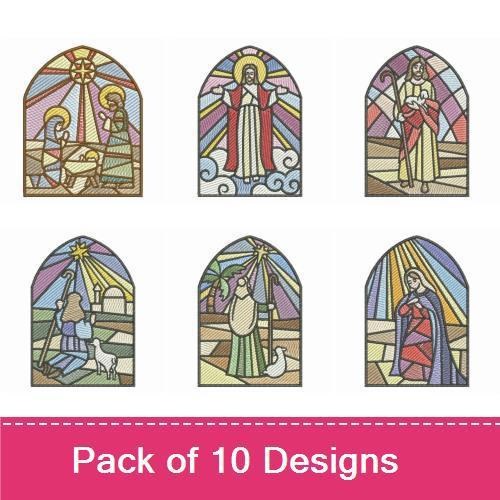 Stained Glass Nativity Embroidery Designs Bundle – Mary & Baby Jesus, Angel, Joseph & More (10 Designs)