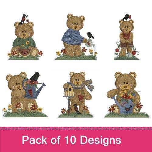Bears Embroidery Designs Bundle – Bear with Garden Tools, Bear with Flowers, Bear in Apron & More (10 Designs)