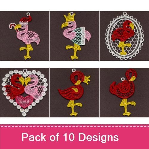 FSL Flamingo Love Embroidery Designs Bundle – Flamingo Couple with Heart, Red Flamingo with Hat, Pink Flamingo with Heart & More (10 Designs)