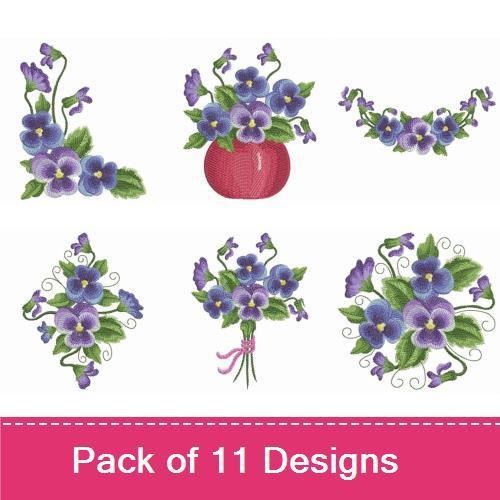 Floral Embroidery Bundle – Pansy Bouquet, Pansy with Bird, Pansy in a Pot & More (11 Designs)