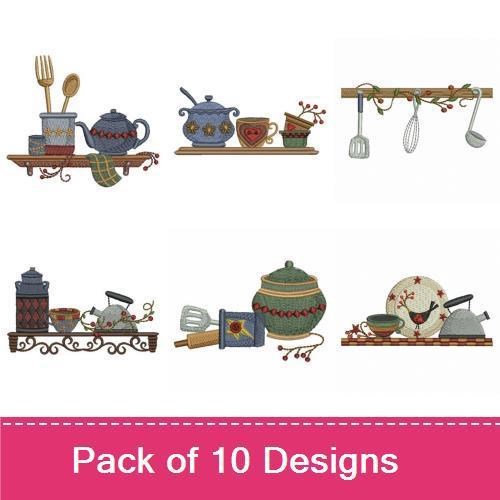 Cozy Kitchen Items Embroidery Designs Bundle – Teapot with Cups, Fork and Spoon Holder, & More (10 Designs)