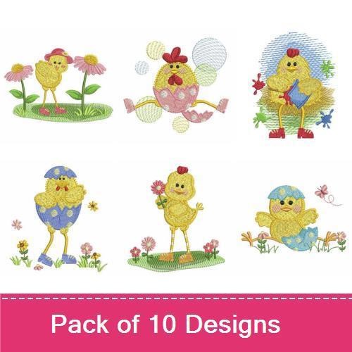 Cheerful Chicks Embroidery Bundle – Chick with Flowers, Chick Holding Flower, Chick with Butterfly & More (10 Designs)