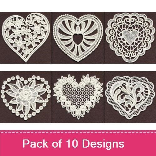 FSL Lace Hearts Embroidery Designs Bundle – Flower Lace Heart, Honeycomb Heart, Ornate Lace Heart & More (10 Designs)