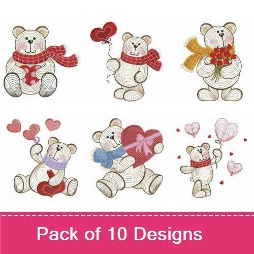 Rippled Valentine-themed Bears Embroidery Designs Bundle – Bear with Heart Balloon, Bear Holding Flowers, & More (10 Designs)