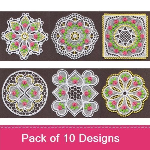 FSL Delicate Lace Embroidery Bundle – Rose Lace Square, Floral Lace Circle, Lacey Floral Medallion & More (10 Designs)