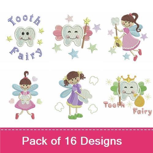 Tooth Fairy Embroidery Designs Bundle – Tooth Fairy with Wand, Happy Tooth Face & More (16 Designs)
