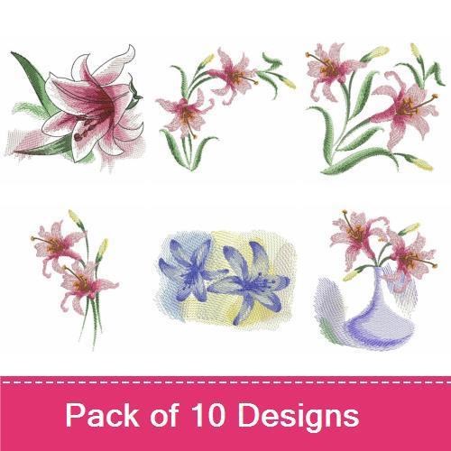 Elegant Lily Floral Embroidery Designs Bundle – Pink Lily with Butterfly, Purple Lily, White Lily & More (10 Designs)