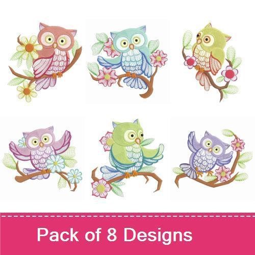 Colorful Owls Embroidery Designs Bundle – Green Owl with Flowers, Blue Owl with Flowers, Owl Sitting on a Tree & More (8 Designs)