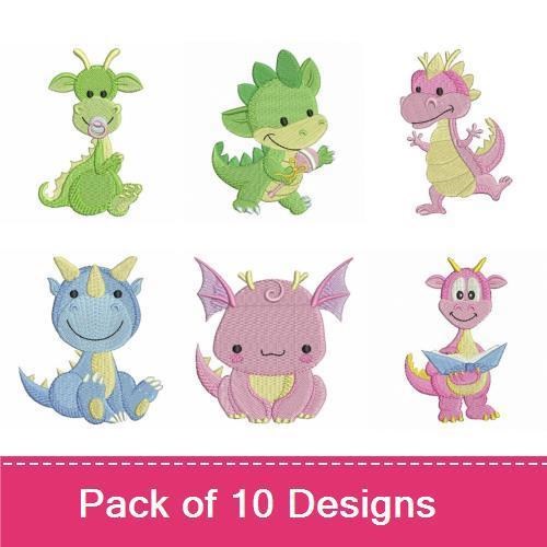 Cute Baby Dragons Embroidery Designs Bundle – Pink Baby Dragon with Dumbbell, Purple Baby Dragon with Balloon, Green Baby Dragon & More (10 Designs)