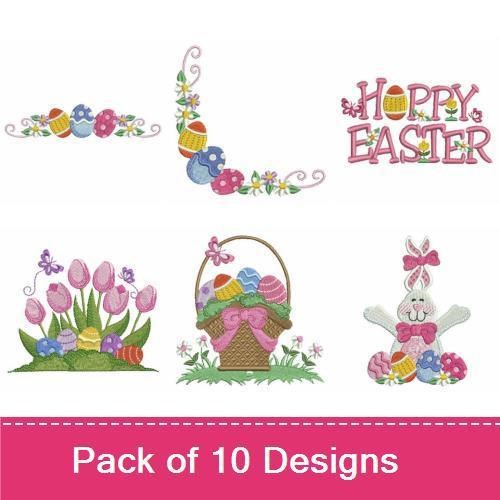 Easter Bunny & Hoppy Easter Embroidery Designs Bundle – Easter Banner, Flower Pot, Decorative Eggs & More (10 Designs)