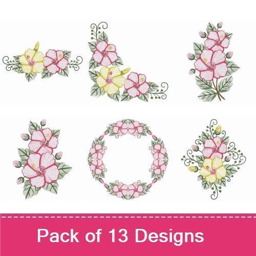 Rippled Hibiscus Floral Embroidery Bundle – Wreath, Flower Arrangement, Heart Shape & More (13 Designs)