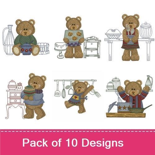 Cozy Kitchen Bear Embroidery Bundle – Bear with Mixing Bowl, Bear with Cupcake, Bear with Teapot & More (10 Designs)