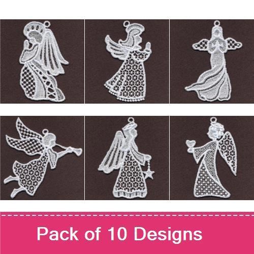 FSL Delicate Lace Angel Ornaments Embroidery Bundle – Angel with Halo, Singing Angel, Decorative Angel & More (10 Designs)
