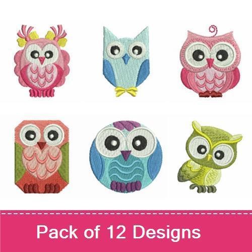 Cute Colorful Owl Embroidery Bundle – Pink Owl, Blue Owl, Graduation Owl & More (12 Designs)