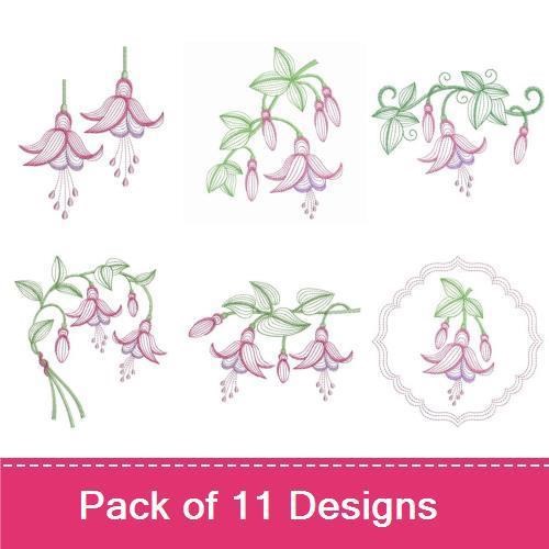 Rippled Fuchsia Floral Embroidery Designs Bundle – Fuchsia Flower Arrangement, Single Fuchsia Blossom, & More (11 Designs)