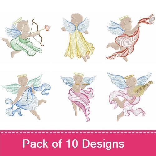 Rippled Cherubic Angels Embroidery Designs Bundle – Angel with Heart, Angel with Bow, & More (10 Designs)