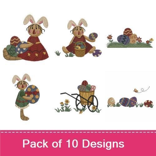 Easter Bunny & Eggs Embroidery Designs Bundle – Easter Bunny with Basket, Happy Easter Text, & More (10 Designs)