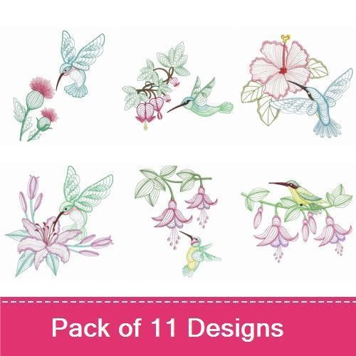 Rippled Hummingbirds and Flowers Embroidery Designs Bundle – Hummingbird with Flower, Gathering Nectar, & More (11 Designs)