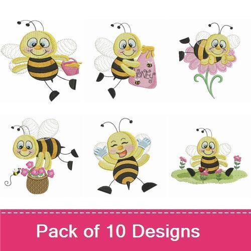 Cheerful Bees Embroidery Designs Bundle – Bee with Flower, Happy Bee, Bee Collecting Nectar & More (10 Designs)