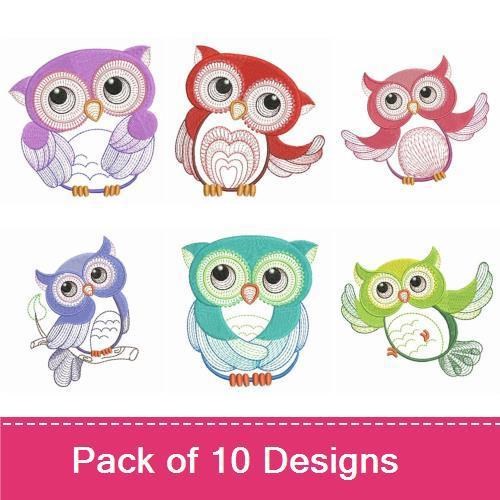 Colorful Owls Embroidery Designs Bundle – Purple Owl, Green Owl, Red Owl & More (10 Designs)