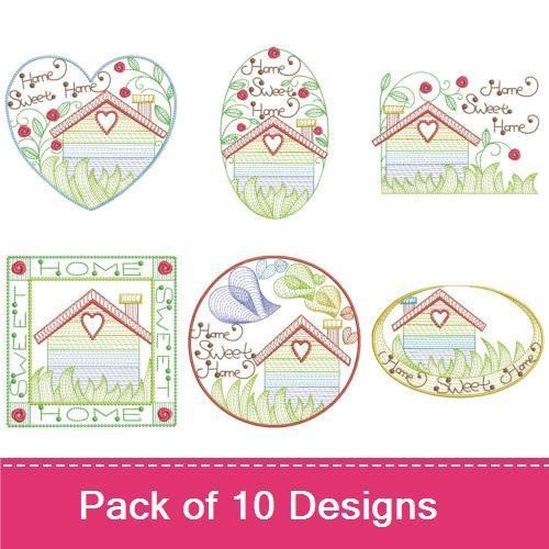 Rippled Home-Themed Embroidery Designs Bundle – House, Heart, Floral Elements & More (10 Designs)