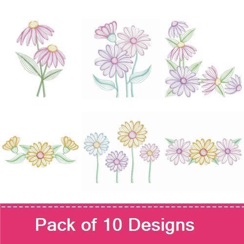 Floral Daisies Embroidery Designs Bundle – Cluster of Daisies, Daisy Frame, Floral Border & More (10 Designs)