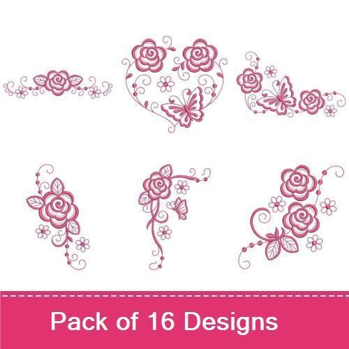 Redwork Elegant Rose Floral Embroidery Bundle – Single Rose, Rose Swirl with Leaves, Floral Bouquet & More (16 Designs)