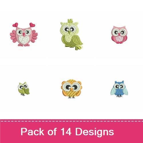 Colorful Owl Embroidery Designs Bundle – Pink Heart Owl, Green Owl, Purple Owl & More (14 Designs)