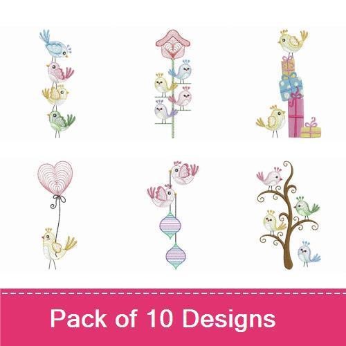 Charming Bird Embroidery Designs Bundle – Birdhouse with Birds, Bird with Crown, Hanging Bird Ornaments & More (10 Designs)