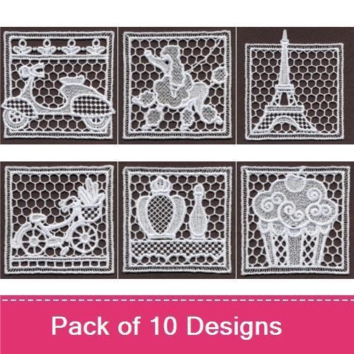FSL Parisian Lace Charms Embroidery Bundle – Eiffel Tower, Scooter, Vintage Bicycle & More (10 Designs)