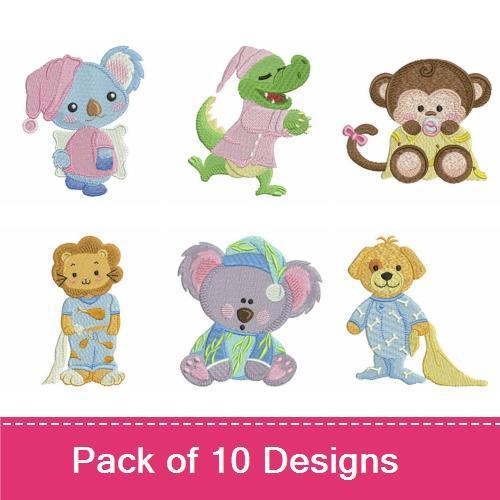 Cute Pajama Baby Animals Embroidery Bundle – Adorable Animal Designs (10 Designs)