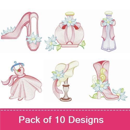 Vintage Fashion Accessories Embroidery Designs Bundle – Vintage Dress, High Heel Shoe, Evening Bag & More (10 Designs)