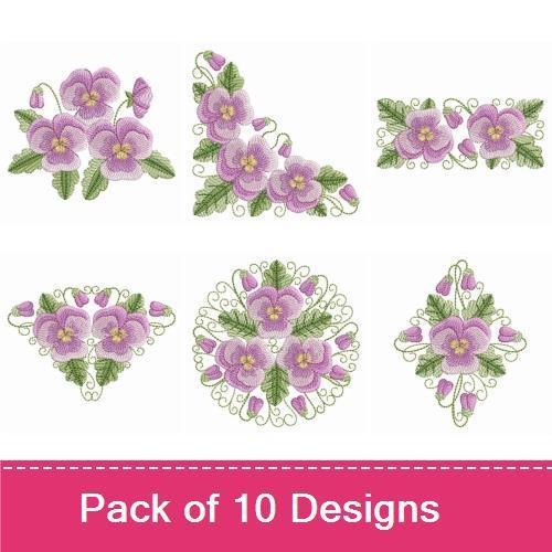 Purple Pansy Floral Embroidery Designs Bundle – Pansy Bouquet, Single Pansy with Leaves, & More (10 Designs)