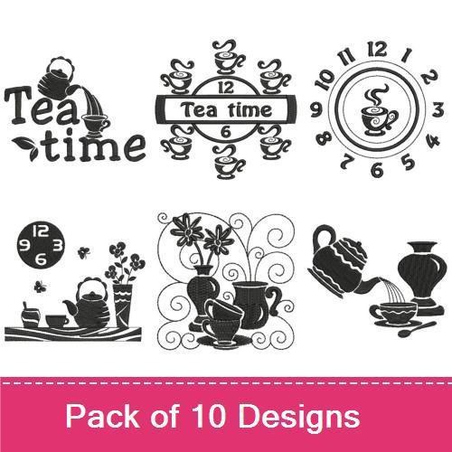 Tea Time Embroidery Designs Bundle – Tea Pot, Tea Cup, Clock & More (10 Designs)